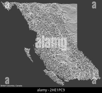 Topographische Negativrelief-Karte der kanadischen Provinz BRITISH COLUMBIA, KANADA mit weißen Konturlinien auf dunkelgrauem Hintergrund Stock Vektor