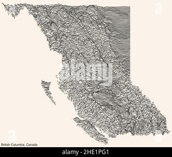 Topographische Reliefkarte der kanadischen Provinz BRITISH COLUMBIA, KANADA mit schwarzen Konturlinien auf beigem Hintergrund Stock Vektor