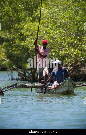 Touristen in einem hölzernen Ausgußkanu, das entlang des Kongo-Flusses, Kenia, Ostafrika reist Stockfoto