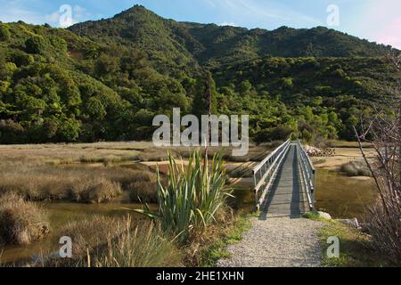 Küstenweg in Marahau, Tasman Bay im Abel Tasman National Park, Tasman Region auf der Südinsel von Neuseeland Stockfoto
