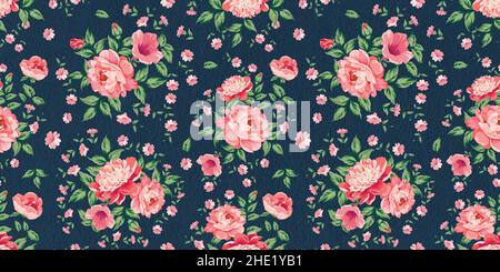 Nahtlose 3D Tapete mit Frühlingsblumen und Blättern. Handgezeichneter Hintergrund. Florales Muster für Tapete oder Stoff. Blumenrose. Botanische Kachel. Stockfoto