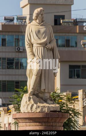 ZHANGYE, CHINA - 23. AUGUST 2018: Marco Polo Statue in Zhangye, Provinz Gansu, China Stockfoto