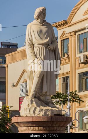 ZHANGYE, CHINA - 23. AUGUST 2018: Marco Polo Statue in Zhangye, Provinz Gansu, China Stockfoto