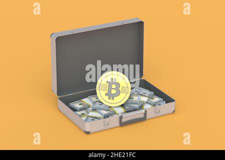 Ein offener Koffer mit Geld neben einer Bitcoin-Münze. Austausch, Einlösung virtueller Währung. Investieren, Reinvestieren in Bergbau und Kryptowährung. 3D ren Stockfoto