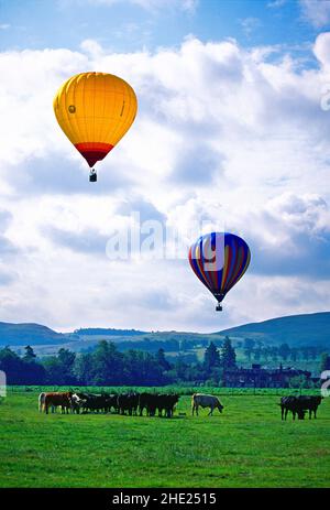 Heißluftballons, über schottischer Landschaft, Stockfoto