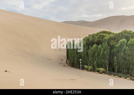 Zaun- und Überwachungskameras um die Singende Sanddüne in der Nähe von Dunhuang, Provinz Gansu, China Stockfoto