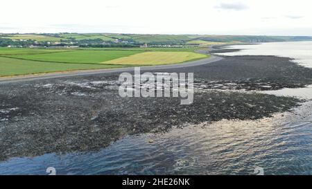 Luftbild mit Blick auf Llanon vom Strand von Llanrhystud, das Meer, den Strand und die Felder. Stockfoto