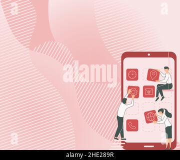 Drei Kollegen mit S Decorating Mobile Application Defining Teamwork. Partner Mit Symbolen Aufbau Von Telefonfunktionen Präsentation Kombiniert Stock Vektor