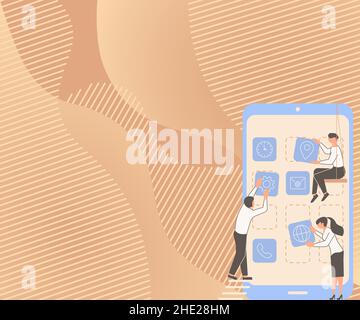 Drei Kollegen mit S Decorating Mobile Application Defining Teamwork. Partner Mit Symbolen Aufbau Von Telefonfunktionen Präsentation Kombiniert Stock Vektor