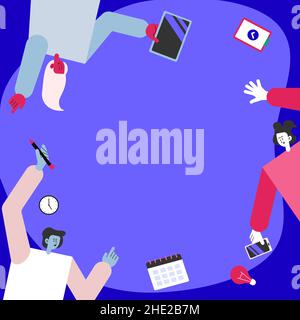 Drei Kollegen mit S Decorating Mobile Application Defining Teamwork. Partner Mit Symbolen Aufbau Von Telefonfunktionen Präsentation Kombiniert Stock Vektor