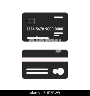 Bankkarte auf weißem Hintergrund isoliert. Schwarze Silhouetten. Vorder- und Rückansicht. Vektorgrafik. Flacher Style Stock Vektor