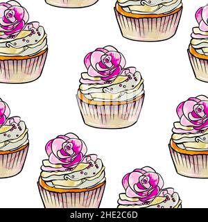 Nahtloses Rastermuster aus Cupcakes mit beigefarbener Basis und gelb-rosa Cremefüllungen, verziert mit Blumen auf weißem, isoliertem Hintergrund. Hochwertige Illustration Stockfoto