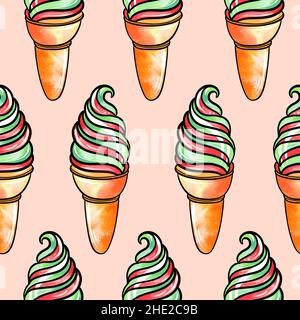 Nahtloses Rastermuster aus rot-grünem Eis in einer Waffelbecher mit Frucht- und Cremegeschmack auf beigem Hintergrund. Hochwertige Illustration Stockfoto