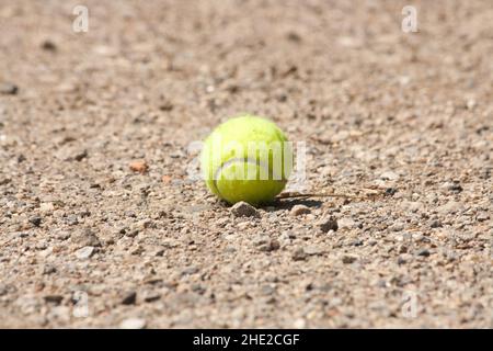 Tennisball, der auf dem Boden liegt und auf einen Nebel wartet, der ihn aufholt Stockfoto