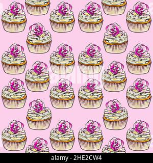 Nahtloses Rastermuster aus Cupcakes mit beigefarbener Basis und gelb-rosa Cremefüllungen, verziert mit Blumen auf rosa Hintergrund. Hochwertige Illustration Stockfoto