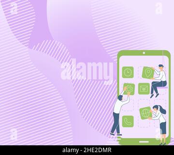 Drei Kollegen mit S Decorating Mobile Application Defining Teamwork. Partner Mit Symbolen Aufbau Von Telefonfunktionen Präsentation Kombiniert Stock Vektor