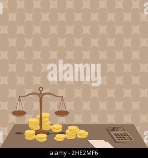 Die Waage Ist Von Einem Münzrechner Umgeben, Der Finanzmörder Zählt. Finanzschätzungen Durch Berechnungsmessungen. Schreibtisch Mit Geldpräsentation Stock Vektor