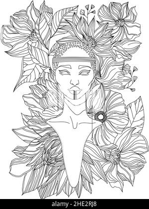 Tribal Beautiful Lady Face Verziert Mit Blumen Um Hals Und Kopflinie Zeichnung Malbuch Stock Vektor