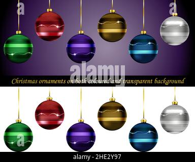 Weihnachtskugeln Kugeln Glühbirnen mit Dekorationen und Farben von grün, rot, weiß, blau, lila und Gold. Auf transparentem und farbigem Hintergrund. Stock Vektor