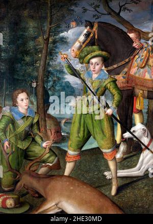 Henry Frederick (1594–1612), Prinz von Wales, mit Sir John Harington (1592–1614), in the Hunting Field von Robert Peake the Elder, Öl auf Leinwand, 1603. Henry war der älteste Sohn von König James VI. Und I von Schottland, England und Irland und war Thronfolger, aber im Alter von 18 Jahren hatte er seinen Vater im Jahr 1612 vorausgegangen. Stockfoto