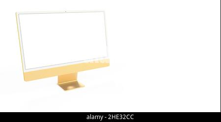 Eine 3D-darstellung eines gelb-goldenen Computermonitors, isoliert auf weißem Hintergrund Stockfoto