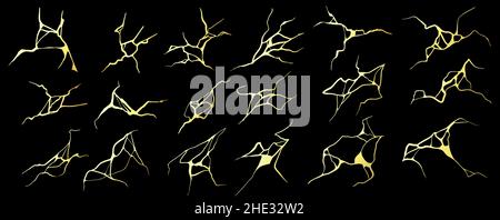 Schwarzes Marmormuster mit goldenen Kintsugi-Rissen und Rissen. Luxuriöse goldene japanische Mosaikdesigns. Vintage Broken Effect Vektor Textur Set Stock Vektor