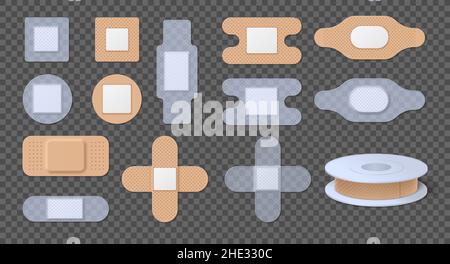 Realistische transparente und beige medizinische Haftbinden und Pflaster. Runde Wundaufnäher. Elastisches antibakterielles Band Aid Tape Vector Set Stock Vektor