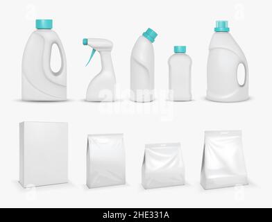 Realistisch, bleichen, Weichmacher in der Flasche. Waschpulver, Stoff Reiniger Produkt Mockup Vektor-Set Stock Vektor