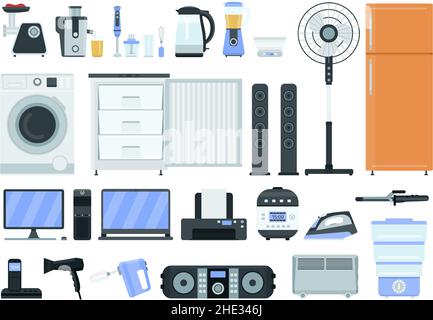 Flache elektrische Haushaltsgeräte, Ikonen im Technologiegeschäft. Kühlschrank, Herd, Bügeleisen, Waschmaschine, Fernseher, Mixer- und Mixer-Vektorset Stock Vektor