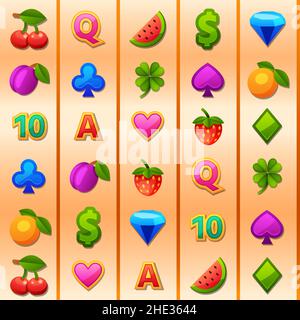 Nahtlose Casino-Spielautomat Linien mit Spiel-Symbole. Gamble Spin Element mit Kirsche, Zitrone und Dollar Zeichen. Vegas Glücksspiel Vektor-Muster Stock Vektor