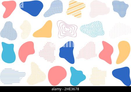 Abstrakte fließende Formen, grafische Gestaltungselemente mit Mustern. Moderne dynamische flüssige Formen. Wellenblots mit Linien- und Punkttexturen-Vektorset Stock Vektor