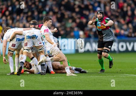 LONDON, GROSSBRITANNIEN. 08th, 2022. Januar während der Gallagher Premiership Rugby-Runde 13 des Spiels zwischen Harlequins und Exeter Chefs im Stoop Stadium am Samstag, den 08. Januar 2022. LONDON, ENGLAND. Kredit: Takaimages/Alamy Live Nachrichten Stockfoto