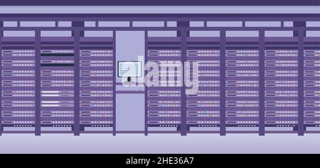 Hosting des Rechenzentrums und des Serversystemraums. Flache Hardware-Technologie-Gerätegruppe. Vektorszene für physischen Speicher der Webdatenbank Stock Vektor