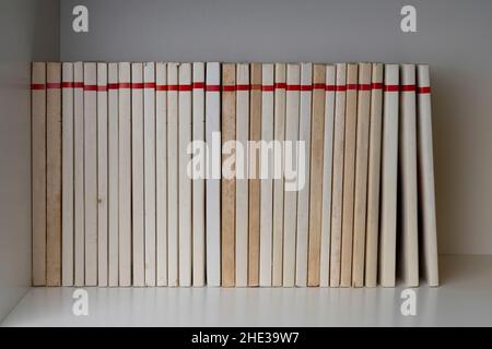Stapel von Büchern mit leerem Rücken auf einem weißen Regal Stockfoto