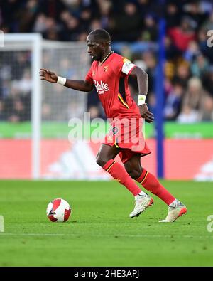 Leicester, Großbritannien. 08th Januar 2022. Moussa Sissoko #19 von Watford in Leicester, Vereinigtes Königreich am 1/8/2022. (Foto von Ashley Crowden/News Images/Sipa USA) Quelle: SIPA USA/Alamy Live News Stockfoto