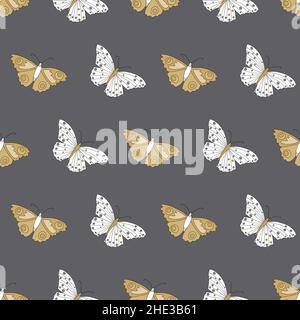 Nahtloses Muster mit weißem und gelbem Schmetterling auf dunkelgrauem Hintergrund. Stock Vektor