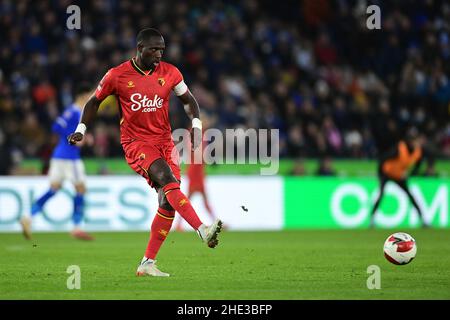 Leicester, Großbritannien. 08th Januar 2022. Moussa Sissoko #19 von Watford in Leicester, Vereinigtes Königreich am 1/8/2022. (Foto von Ashley Crowden/News Images/Sipa USA) Quelle: SIPA USA/Alamy Live News Stockfoto