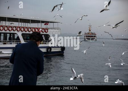 Istanbul, Türkei. 08th Januar 2022. Im Hintergrund sieht man eine Fähre von City Lines, während ein Mann Möwen füttert. (Foto von Onur Dogman/SOPA Images/Sipa USA) Quelle: SIPA USA/Alamy Live News Stockfoto