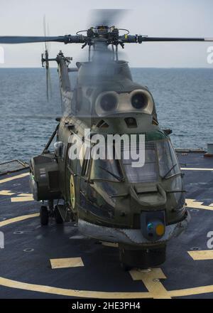 Der mittlere Hubschrauber der rumänischen Marine IAR-330 führt Flugoperationen an Bord der USS Ross (2) durch. Stockfoto