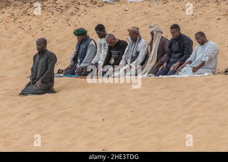 Eine Gruppe muslimischer Männer verrichtet ihr tägliches rituelles Gebet, Salat, am Ufer des Nils in Assuan, Ägypten. Stockfoto