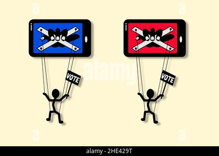 Marionetten auf Saiten, die von einer Hand auf einem Smartphone manipuliert werden, beeinflussen soziale Medien die Konzeptdarstellung Stockfoto