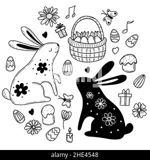 Osterset. Niedlicher Osterhase, Osterkorb mit Eiern und Blumen, Vögeln, Schmetterling und Osterkuchen. Vektorgrafik. Skizzieren Sie den gezeichneten Doodle-Stil Stock Vektor