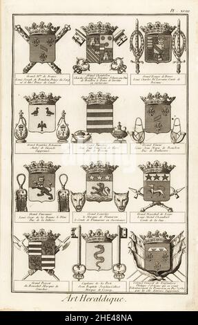 Wappen französischer Würdenträger. Grand Maitre de France, Grand Chamberllan, Grand Ecuyer, Grand Boutelier Echanson, Grand Pannetier, Grand Veneur, Grand Louvetier, Grand Marechal de Logis, Capitaine de la Porte, etc. Kupferstich von Robert Benard aus Blason ou Art Heraldique, Heraldik aus Denis Diderot und Jean-Baptiste le Rond d’Alemberts Encyclopedie, herausgegeben von Brisson, David, Le Breton und Durand, Paris, 1763. Stockfoto