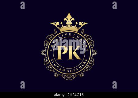 PK Initial Letter Luxus kalligraphisch feminin floral handgezeichnete heraldische Monogramm antiken Vintage-Stil Luxus-Logo-Design Premium Stock Vektor