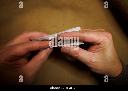 Ein Mann rollt ein Zigarettenpapier und füllt es mit losem Tabak Stockfoto