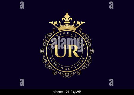 UR Initial Letter Luxus kalligraphisch feminin floral handgezeichnetes heraldisches Monogramm antiker Vintage-Stil Luxus-Logo-Design Premium Stock Vektor