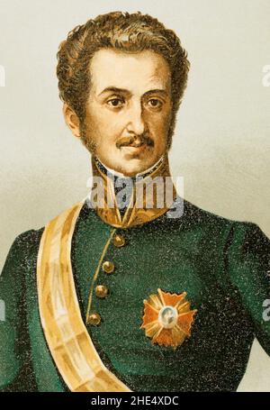 Luis Fernández de Córdoba y Valcárcel (1798-1840). Der spanische Generalleutnant. Von absolutistischen Ideen her, stand er während der Regierungszeit Ferdinands VII. Während der Liberalen Triennium gegen die Regierung auf und war einer der Förderer des gescheiterten Aufstands der Königlichen Garde in Madrid am 7. Juli 1822, der ihn zwang, nach Frankreich ins Exil zu gehen. Hochformat. Chromolithographie. 'Historia General de España' (Allgemeine Geschichte Spaniens) von Miguel Morayta. Band VII. Madrid, 1893. Stockfoto