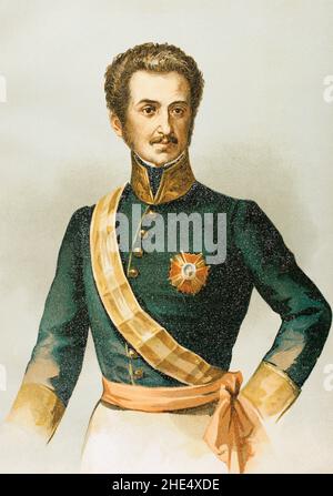 Luis Fernández de Córdoba y Valcárcel (1798-1840). Der spanische Generalleutnant. Von absolutistischen Ideen her, stand er während der Regierungszeit Ferdinands VII. Während der Liberalen Triennium gegen die Regierung auf und war einer der Förderer des gescheiterten Aufstands der Königlichen Garde in Madrid am 7. Juli 1822, der ihn zwang, nach Frankreich ins Exil zu gehen. Hochformat. Chromolithographie. 'Historia General de España' (Allgemeine Geschichte Spaniens) von Miguel Morayta. Band VII. Madrid, 1893. Stockfoto