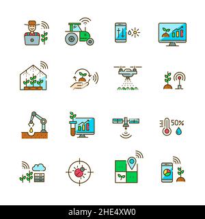 Symbole für Smart Farming eingestellt. Landwirt nutzt das Internet der Dinge, Drohnen und Roboter für die präzise Landwirtschaft. Pixel perfekte, bearbeitbare Kontur bunte Symbole Stock Vektor