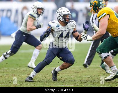 Frisco, TX, USA. 8th Januar 2022. Montana State Bobcats defensives Ende Daniel Hardy (44) reagiert auf das Spiel während der FCS National Championship Spiel zwischen dem North Dakota State Bison und den Montana State Bobcats am 8. Januar 2022 im Toyota Stadium in Frisco, Texas. (Verpflichtende Gutschrift: Freddie Beckwith/MarinMedia.org/Cal Sport Media) (absoluter vollständiger Fotograf und Credits erforderlich) Fernsehen oder Gewinnzeitschriften Kontaktieren Sie MarinMedia direkt. Kredit: csm/Alamy Live Nachrichten Stockfoto